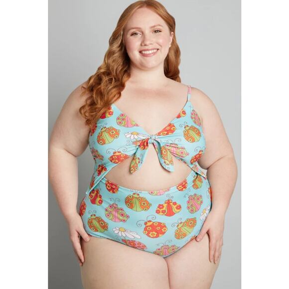 ModCloth Size Large The Siena One-Piece Swimsuit Blue Floral Tie Front Ladybug - Picture 1 of 10
